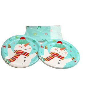 Smiling Snowman 9" Paper Plates Two 8-Packs and Vinyl Tablecloth Set New Sealed